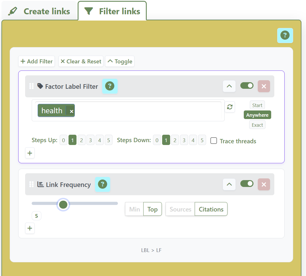 *Two filters in use in the Causal Map app. The first selects only factors which contain the word 'health' and their immediate causes and effects, and the second then selects the most frequently mentioned co-terminal bundles of links*.