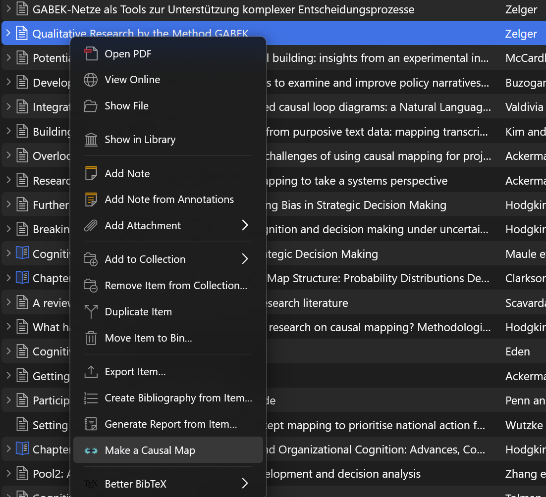Right-click an item in Zotero and choose Make a Causal Map